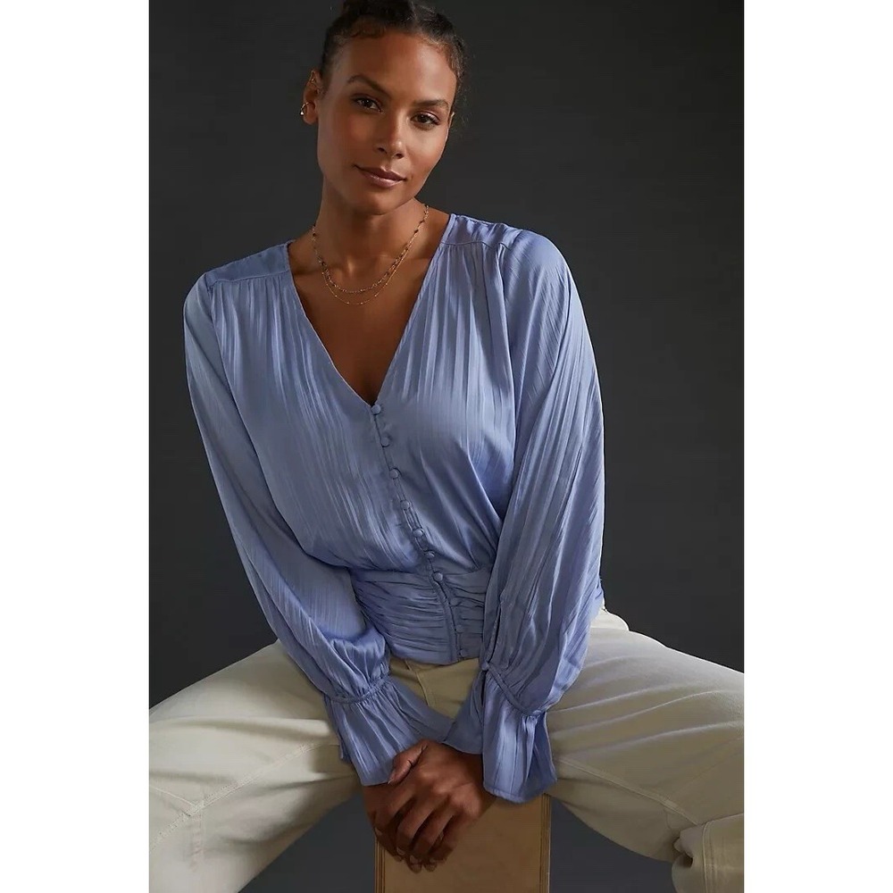 Anthropologie Puff Sleeve Blouse Blue Women XS Quality Button "Corset Look" Cute